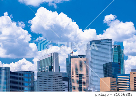 《東京都》夏の東京都市風景・オフィスビル群と夏の空 《東京都》夏の東京都市風景・オフィスビル群と夏の空 81056805