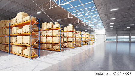 Panoramic view of warehouse with high shelves and goods 81057832