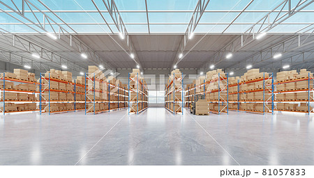 Panoramic view of warehouse with high shelves and goods 81057833