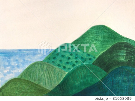 夏山 夏の山 海が見える山 風光明媚 海と山 風光明媚 緑の山 丸い感じの山 山脈 緑の山脈のイラスト素材