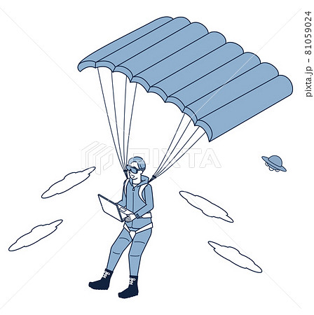 パラシュートで降下しながらワーケーションをする男性のアイソメ 81059024