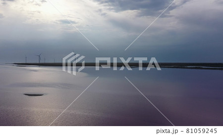 A wind farm on the shores of a pink lake. Evening time. Aerial view. 81059245