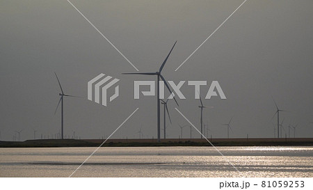 Wind turbines by the lake in the evening 81059253