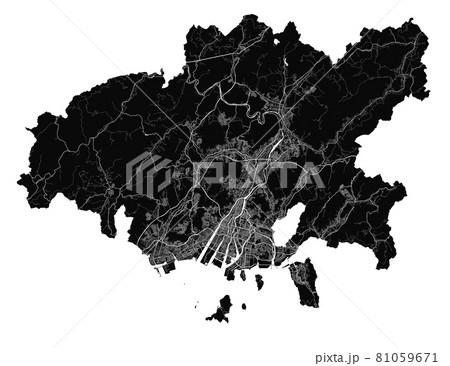 Hiroshima map. Detailed black map of Hiroshima city poster with streets. Cityscape urban vector. 81059671