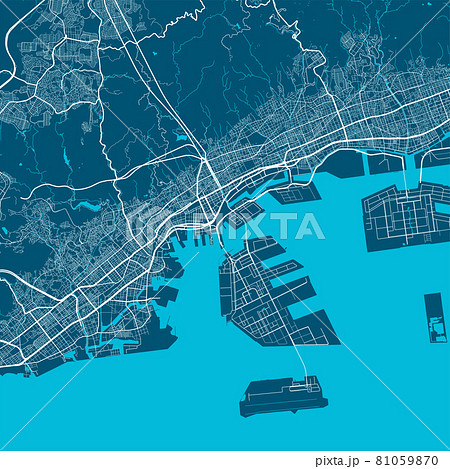 Detailed map poster of Kobe city, linear print map. Cityscape urban panorama. 81059870