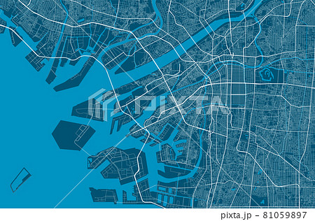Detailed map of Osaka city, linear print map, land panorama. 81059897