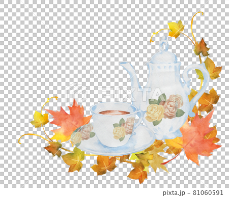 茶和秋葉的水彩插圖 81060591