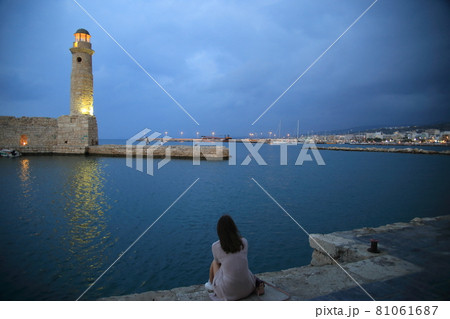 Rethymno Lighthouse at sunset, Venetian port, Crete, Greece. High quality photo 81061687