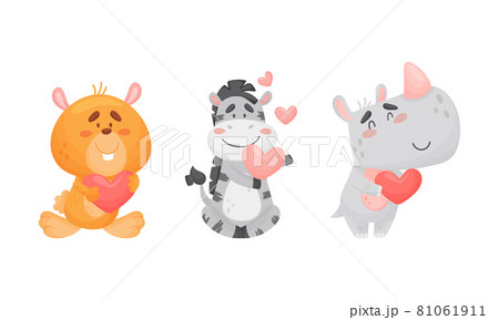 Adorable baby animals with pink hearts set. Lovely happy bear, zebra, rhinoceros holding heart cartoon vector illustration 81061911