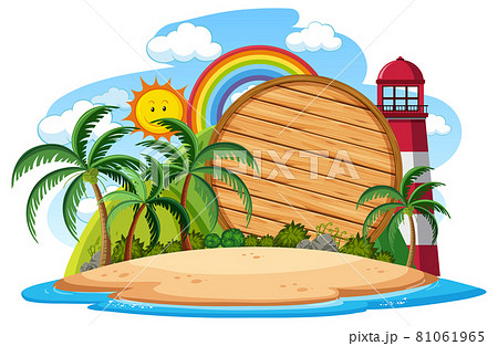 Empty wooden banner template with beach scene on white background Empty wooden banner template with beach scene on white background 81061965