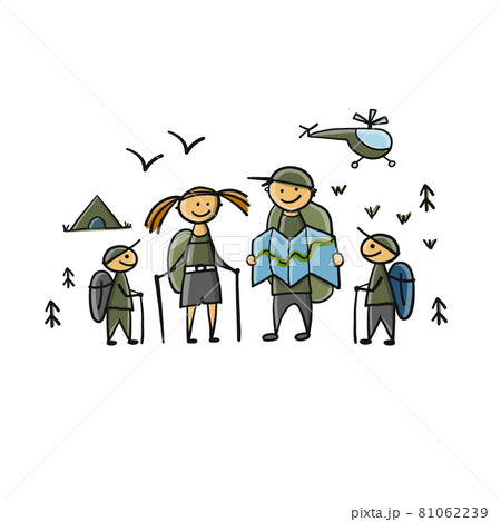Hiking tourists family with map and backpacks. Characters for your design Hiking tourists family with map and backpacks. Characters for your design 81062239