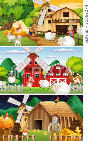 Different farm scenes with old farmer and animal cartoon character Different farm scenes with old farmer and animal cartoon character 81062274