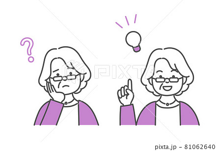 シンプルなシニア女性のイラスト 考える ひらめきのイラスト素材