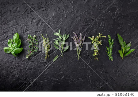 Fresh garden herbs, overhead flat lay shot on a black background 81063140