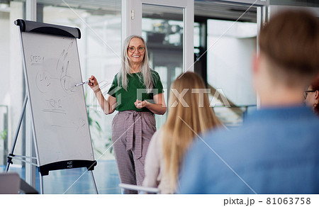 University students with teacher studying indoors, lesson and presentation concept. 81063758