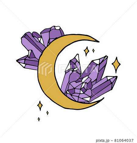 Vintage Mystic Crescent Moon with amethyst crystals colorful illustration 81064037