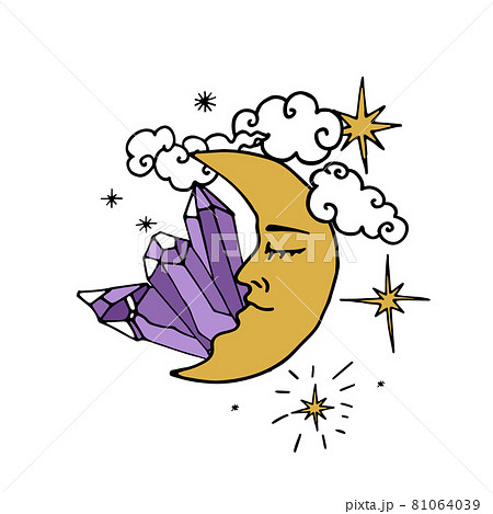 Vintage Mystic Crescent Moon with male face with amethyst crystals and clouds 81064039