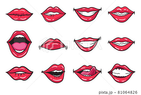 Comic female red lips set. Women mouth with lipstick in vintage comic style. Rop art retro illustration Comic female red lips set. Women mouth with lipstick in vintage comic style. Rop art retro illustration 81064826