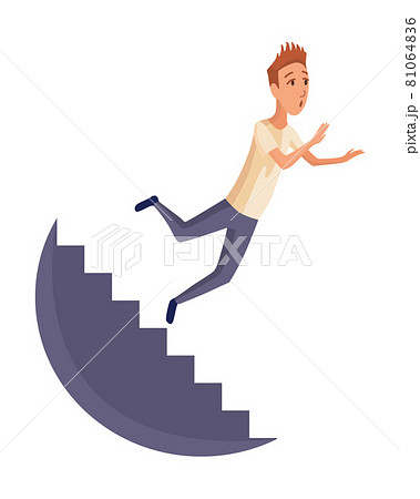 Falling man. Falling down people because fall of stairs, accident. Young men dangerous accident. Danger, risk. Bad luck, misfortune, fiasco. Business failure, company crash concept Falling man. Falling down people because fall of stairs, accident. Young men dangerous accident. Danger, risk. Bad luck, misfortune, fiasco. Business failure, company crash concept 81064836
