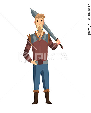 Viking man with sword. Bearded men warrior or hero of scandinavian legends. Cartoon barbarian history character with weapon 81064837