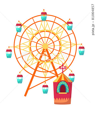 Amusement park attractions with observation wheel and ticket office. Vector illustration on white background Amusement park attractions with observation wheel and ticket office. Vector illustration on white background 81064857