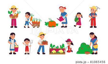 Harvest autumn collection. Gardening women, farmer working in garden. Fresh vegetable, isolated agriculture people and children decent vector set 81065456