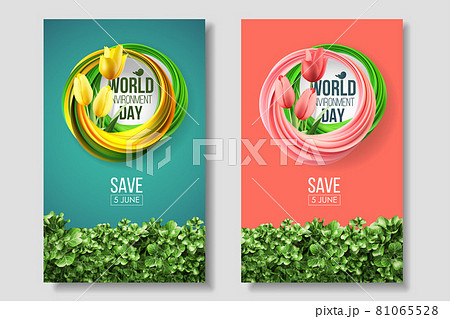 World Environment Day card, banner, logo on the green and living coral background with flowers yellow tulips and leaves. Abstract shapes of green yellow, living coral colors. 5 june ecology bio nature World Environment Day card, banner, logo on the green and living coral background with flowers yellow tulips and leaves. Abstract shapes of green yellow, living coral colors. 5 june ecology bio nature 81065528
