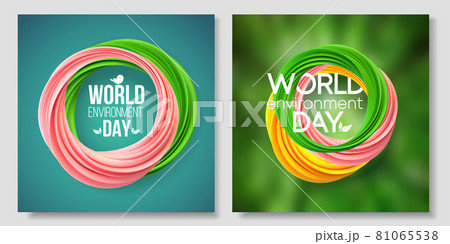 World Environment Day card, banner on the green background. Abstract form of yellow, green, living coral colors. 5 june. Ecology, bio, nature. Vector illustration 81065538