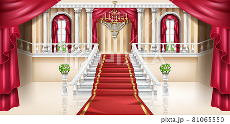 Palace interior vector background, luxury castle room, royal ballroom hall, arch window, red curtain Palace interior vector background, luxury castle room, royal ballroom hall, arch window, red curtain 81065550