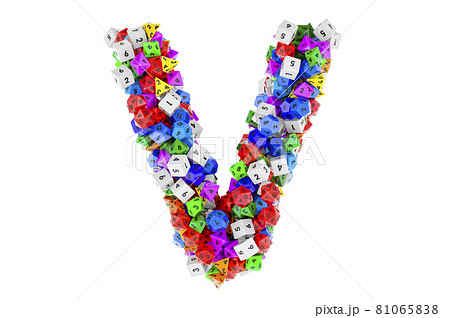 Alphabet letter V, from colored roleplaying dice. 3D rendering 81065838