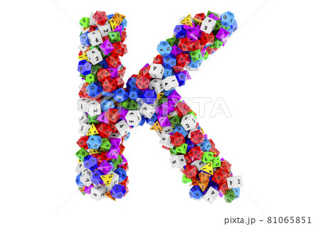 Alphabet letter K, from colored roleplaying dice. 3D rendering 81065851