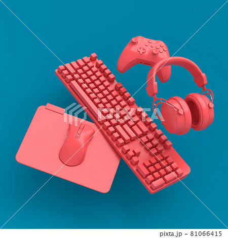 Flying gamer gears like mouse, headphones, keyboard and joystick on blue 81066415