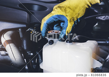 The mechanic hand is open or close the cap of coolant reservoir tank of car radiator 81066836