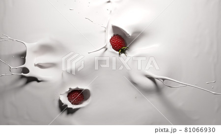 raspberry falling into white yogurt 81066930