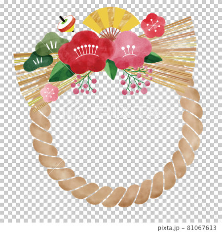 日本的吉祥新年裝飾品。水彩矢量圖。用花環形式的五顏六色的裝飾品。您可以在白色背景上移動 81067613