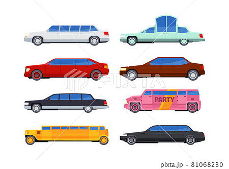 Luxury limousines. Premium car service long vehicles in flat style garish vector pictures set Luxury limousines. Premium car service long vehicles in flat style garish vector pictures set 81068230