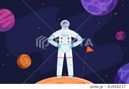 Astronaut in space. Red planet colonization, cartoon cosmonaut in universe vector illustration 81068237