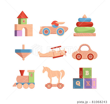 Wooden toys. Vintage funny items for kids cars blocks dolls for happy holidays garish vector flat old collection 81068243