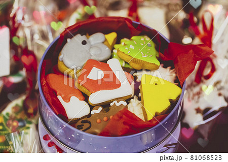 Christmas sweets background. Beautiful Christmas cookies in a jar. 81068523