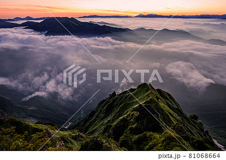 夜明けの谷川岳頂上からの展望・ご来光と雲海 81068664
