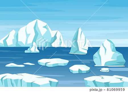 Arctic polar landscape with icebergs, glaciers and ice rocks. Melting iceberg drifting in ocean. Antarctic mountains scene vector illustration 81069959
