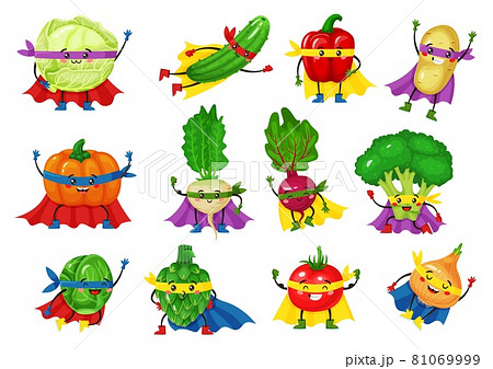 Vegetable hero characters. Funny tomato, broccoli, cucumber in superhero capes. Cute smiling vegetables superheroes mascot vector set Vegetable hero characters. Funny tomato, broccoli, cucumber in superhero capes. Cute smiling vegetables superheroes mascot vector set 81069999