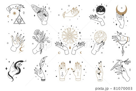 Mystic witch hands, female hand logo with esoteric elements. Magical crystals, moon, jewelry in hands. Boho witchcraft tarot card vector set Mystic witch hands, female hand logo with esoteric elements. Magical crystals, moon, jewelry in hands. Boho witchcraft tarot card vector set 81070003