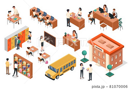 Isometric school. Teacher at blackboard, pupils sitting at desks. School building and bus, classroom furniture. Teachers and students vector set 81070006