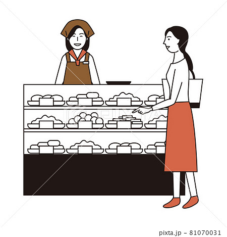 ショーケースの前で買い物する女性と店員のイラスト素材