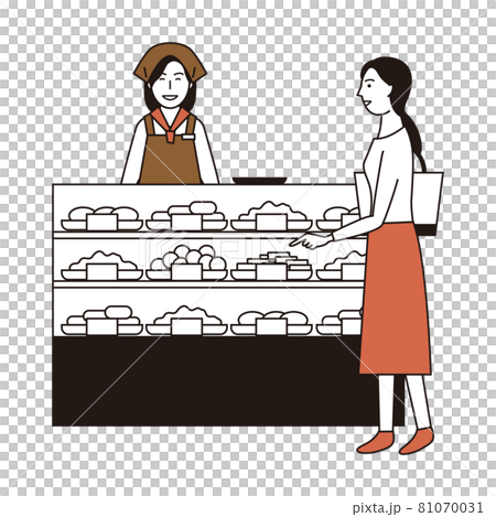 ショーケースの前で買い物する女性と店員のイラスト素材 ショーケースの前で買い物する女性と店員のイラスト素材