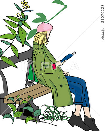 読書をしている横向きの女性 ベンチに座る女性 横顔のイラスト素材