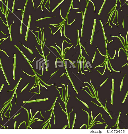Green sugar cane stems and leaves on a brown background seamless pattern. Vector cartoon background. 81070496
