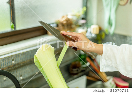 トイモガラを調理する主婦 古民家の台所 トイモガラを調理する主婦 古民家の台所 81070711