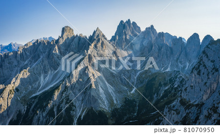 Cadini mountain group with Cima Cadin di NE, Cima Cadin di San Lucano, Cima di Croda Liscia and Torre Siorpaes as seen from Rifugio Lavaredo, Sesto Dolomites, South Tirol, Italy Cadini mountain group with Cima Cadin di NE, Cima Cadin di San Lucano, Cima di Croda Liscia and Torre Siorpaes as seen from Rifugio Lavaredo, Sesto Dolomites, South Tirol, Italy 81070950